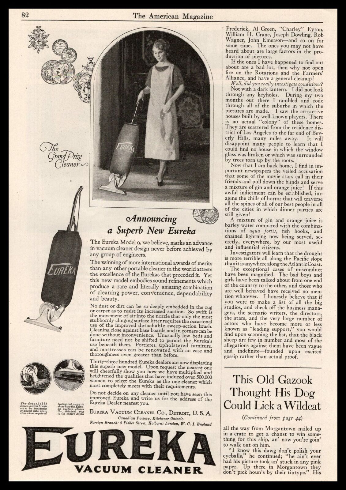 1922 Eureka Vacuum Cleaner Company Model No. 9 Detroit MIchigan Vintage Print Ad