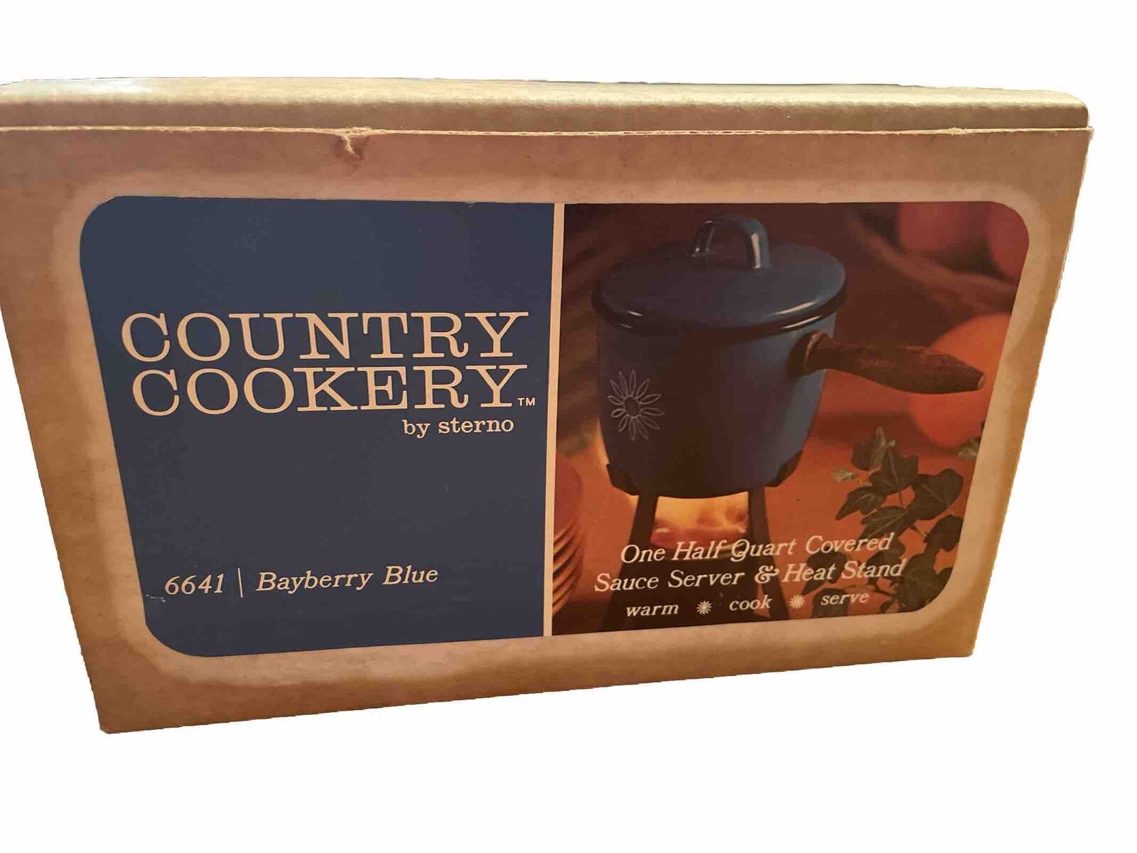 VTG MCM Country Cookery Sterno Bayberry Blue 1/2 Quart Saucer server Heat Stand