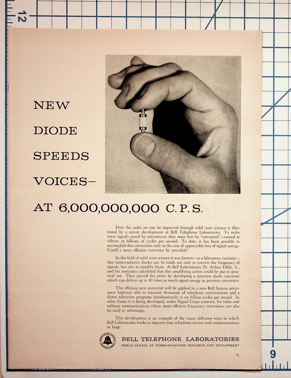 Bell Labs NEW DIODE Speeds Voices Ad 6,000,000,000 C.P.S. Vintage Print Bell Labs NEW DIODE Speeds Voices Ad 6,000,000,000 C.P.S. Vintage Print