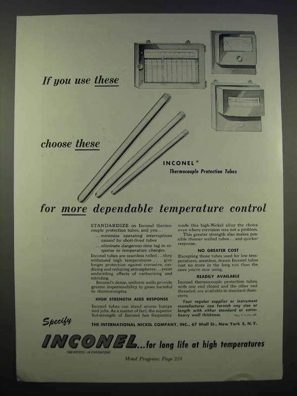 1946 Inconel Thermocouple Protection Tubes Ad