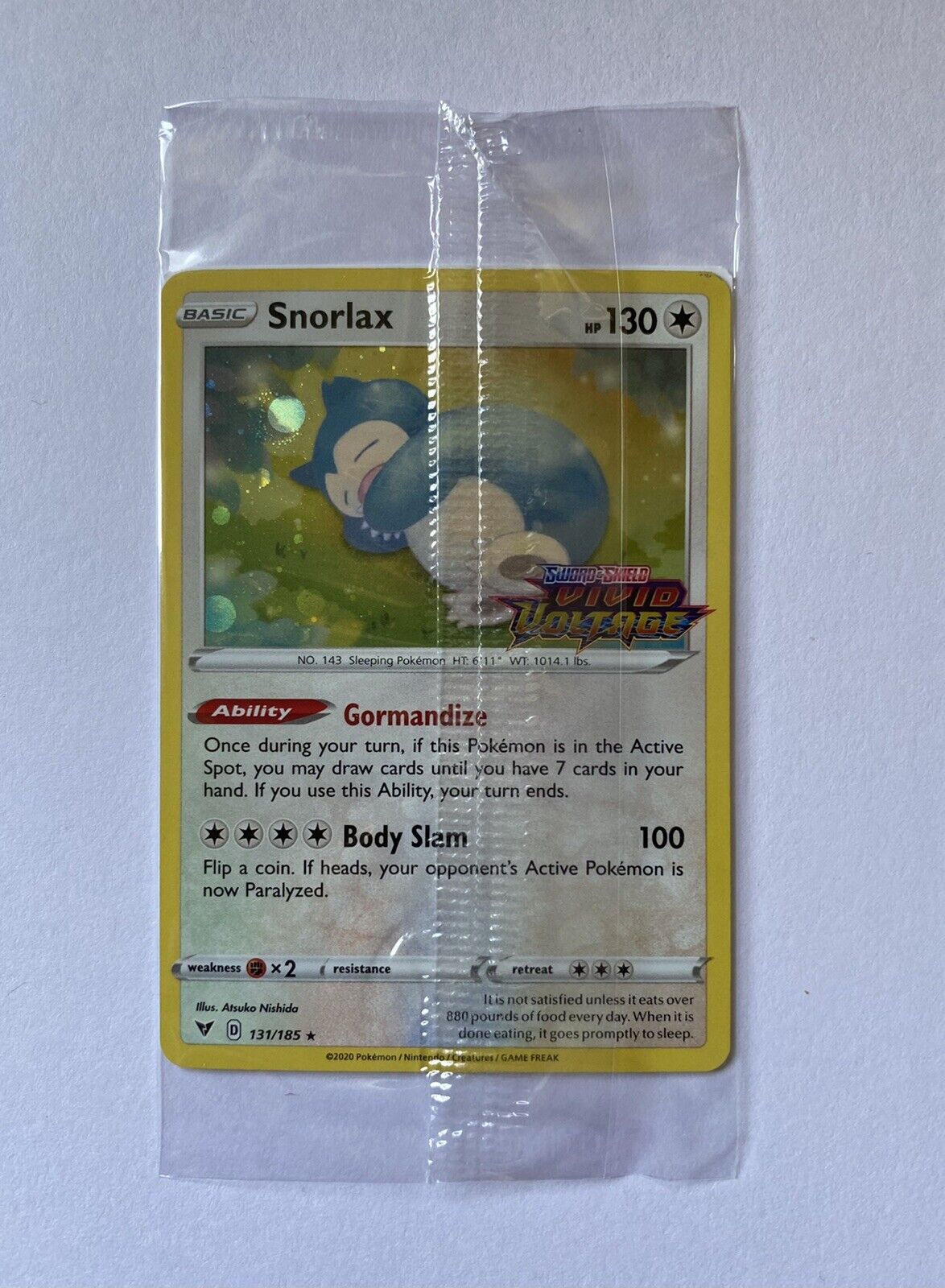 Snorlax Holo Promo card 131/185 Pokemon Vivid Voltage, Sealed.