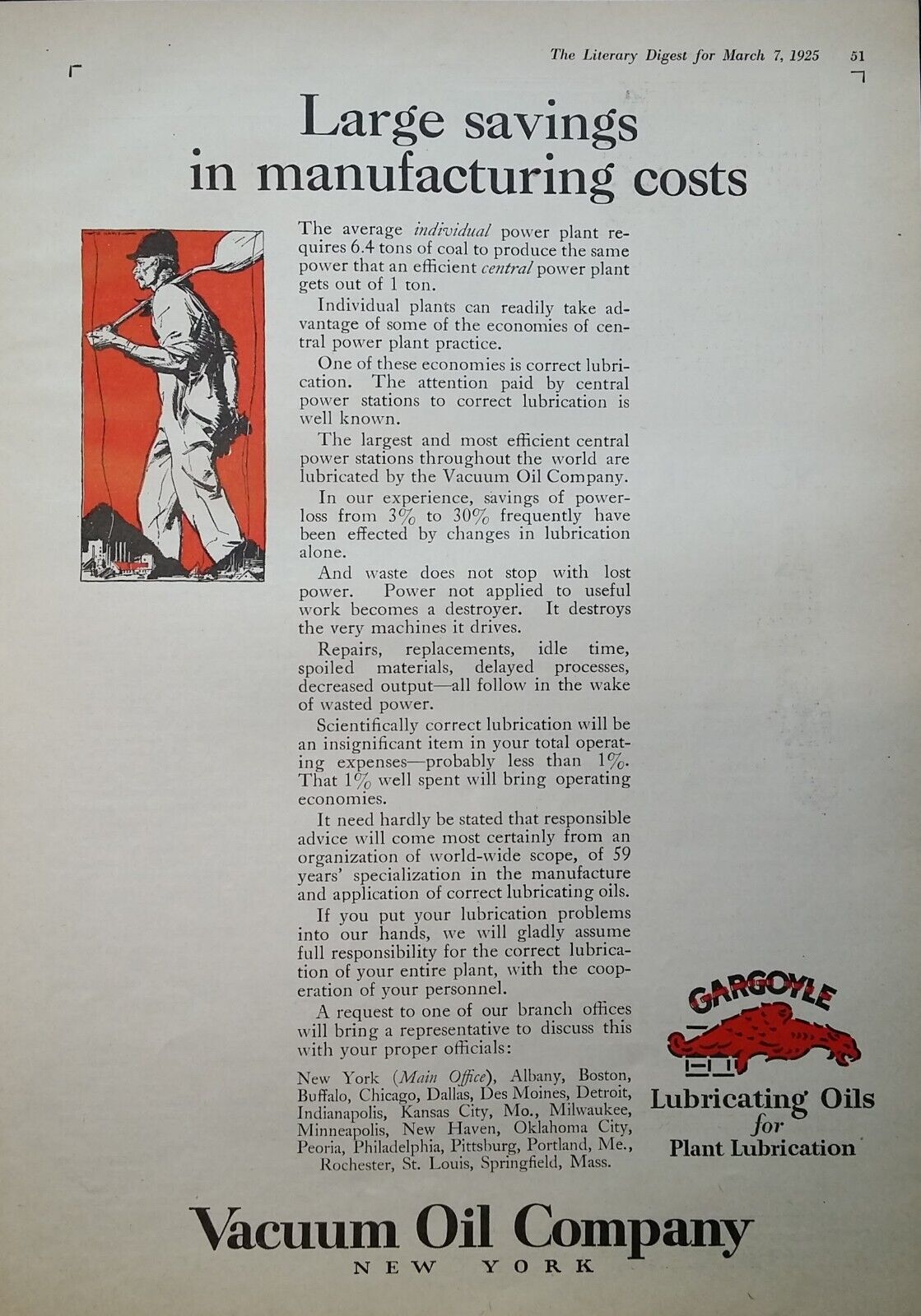 1925 Vacuum Oil Company NY Gargoyle Plant Lubrication Vintage Art Print Ad