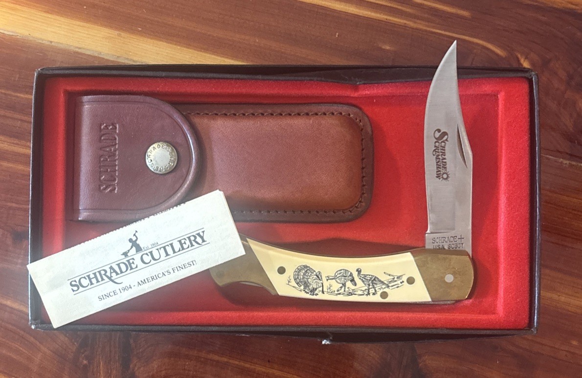 Vintage 1982 Schrade Scrimshaw SC507 Ram Lockback Knife Sheath Box Papers Mint Vintage 1982 Schrade Scrimshaw SC507 Ram Lockback Knife Sheath Box Papers Mint
