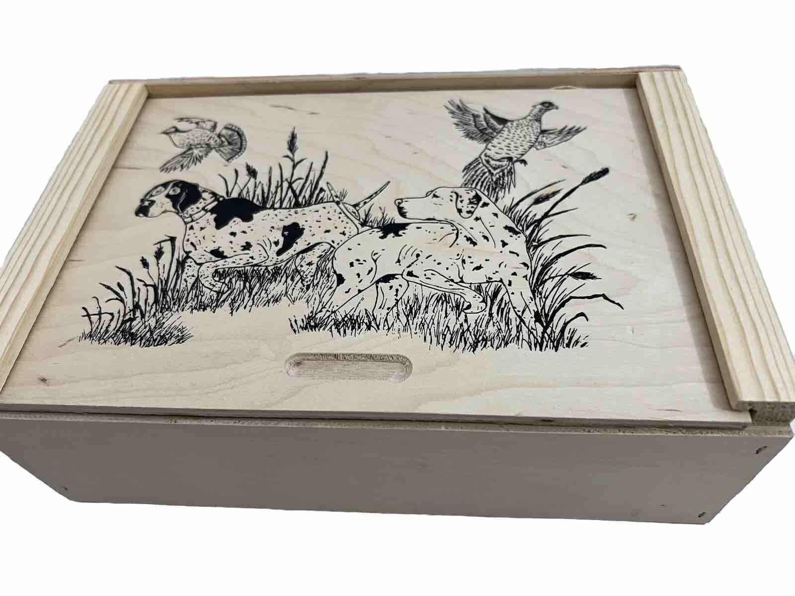 Natural Pine Wooden Memory Box Keepsake Box Bird Hunting Theme 10”~7”~ 4”