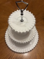 3 Tier Milk Glass Tidbit Server, White glass with clear, ruffled edges unknown picture