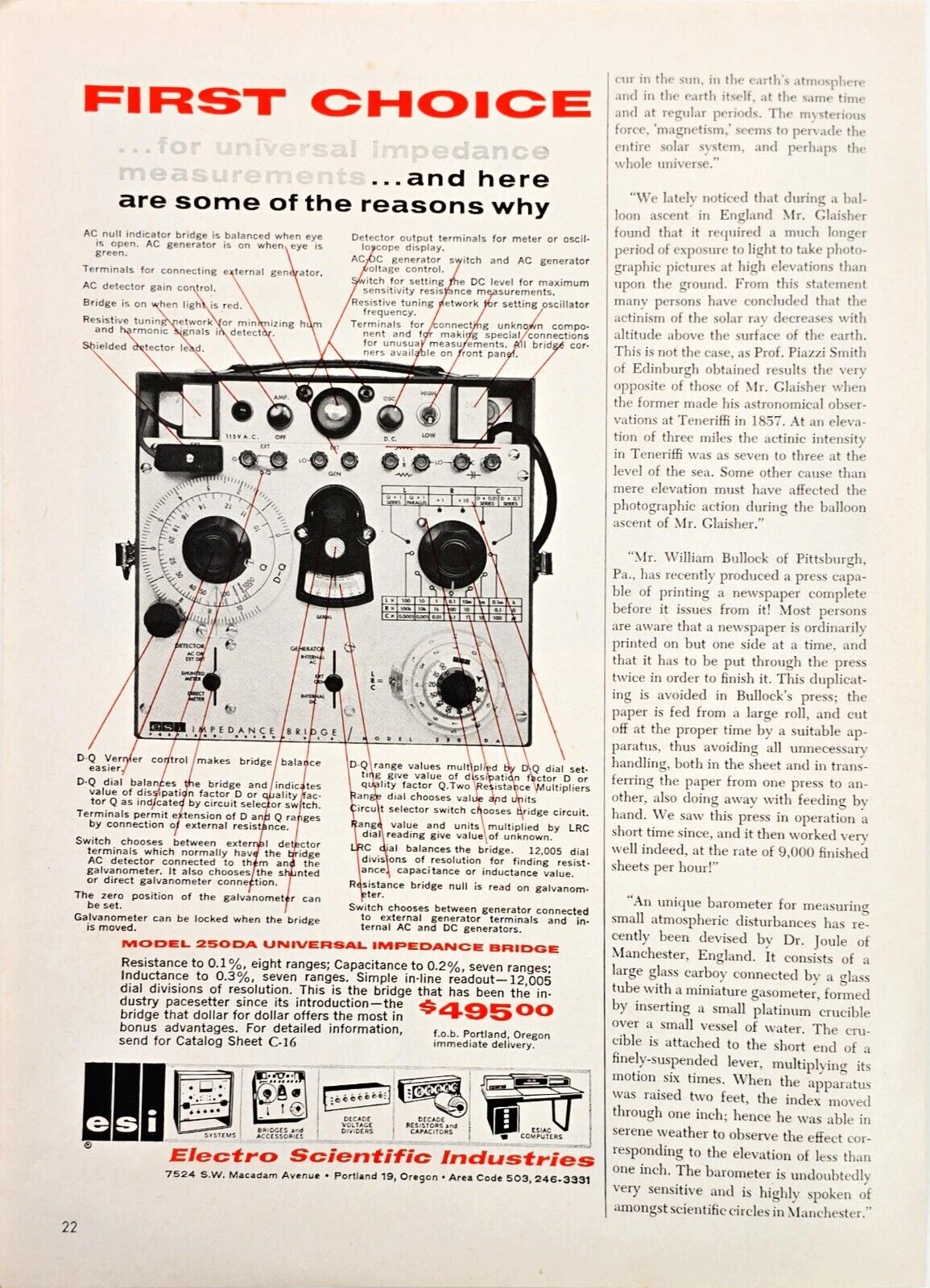 Electro Scientific Industries Univ Impedance Bridge 2/3 Page 1963 Print Ad 8x11