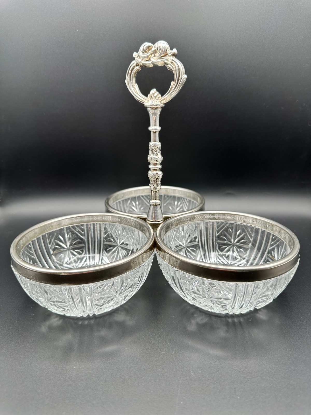 Vintage Sheridan Silverplate & Cut Glass 3 Bowl Relish/Condiment Server