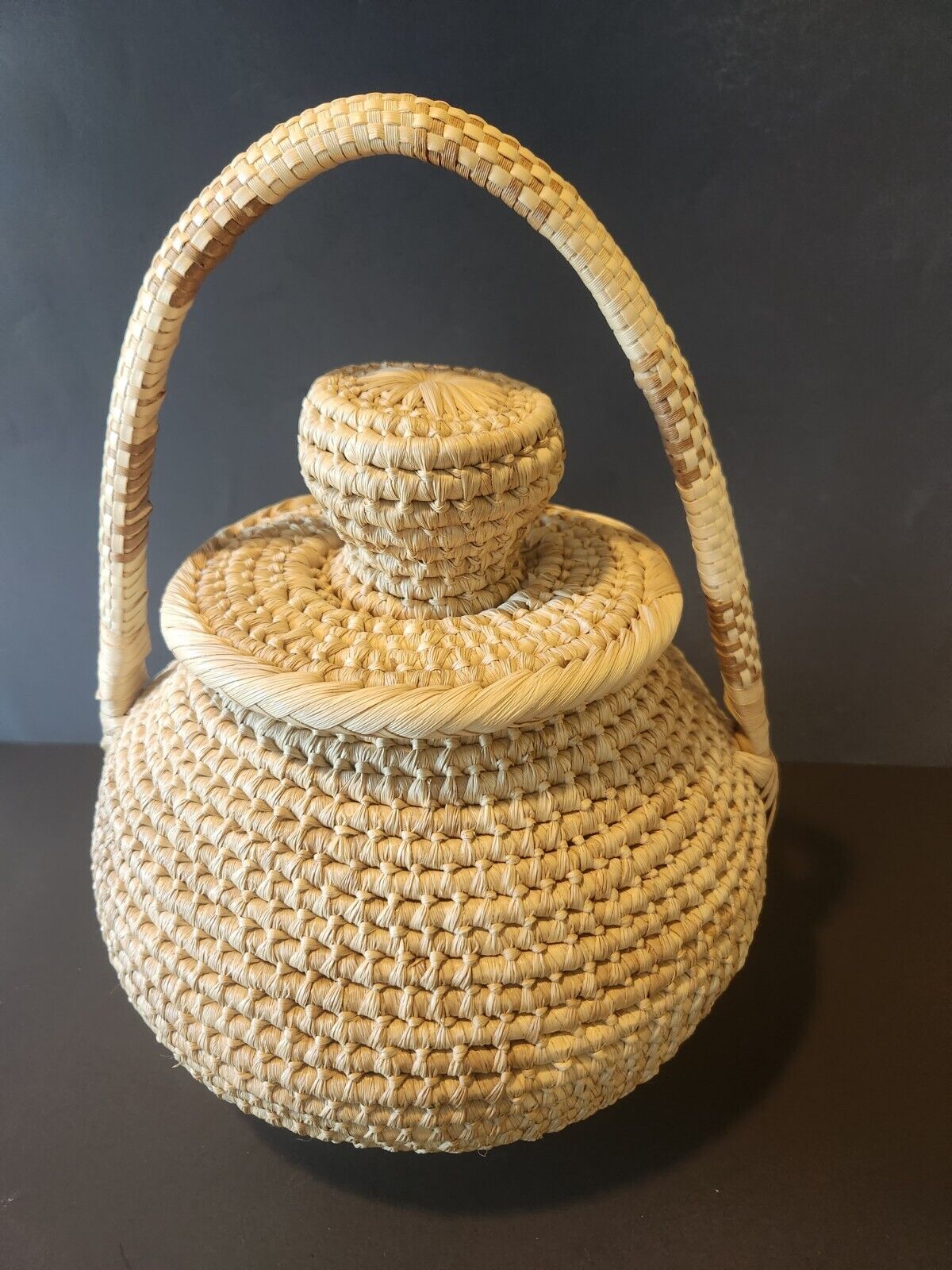 Large Boho Hand Woven Coil Market Picnic Storage Basket Knobbed-Lid  Handle 15\