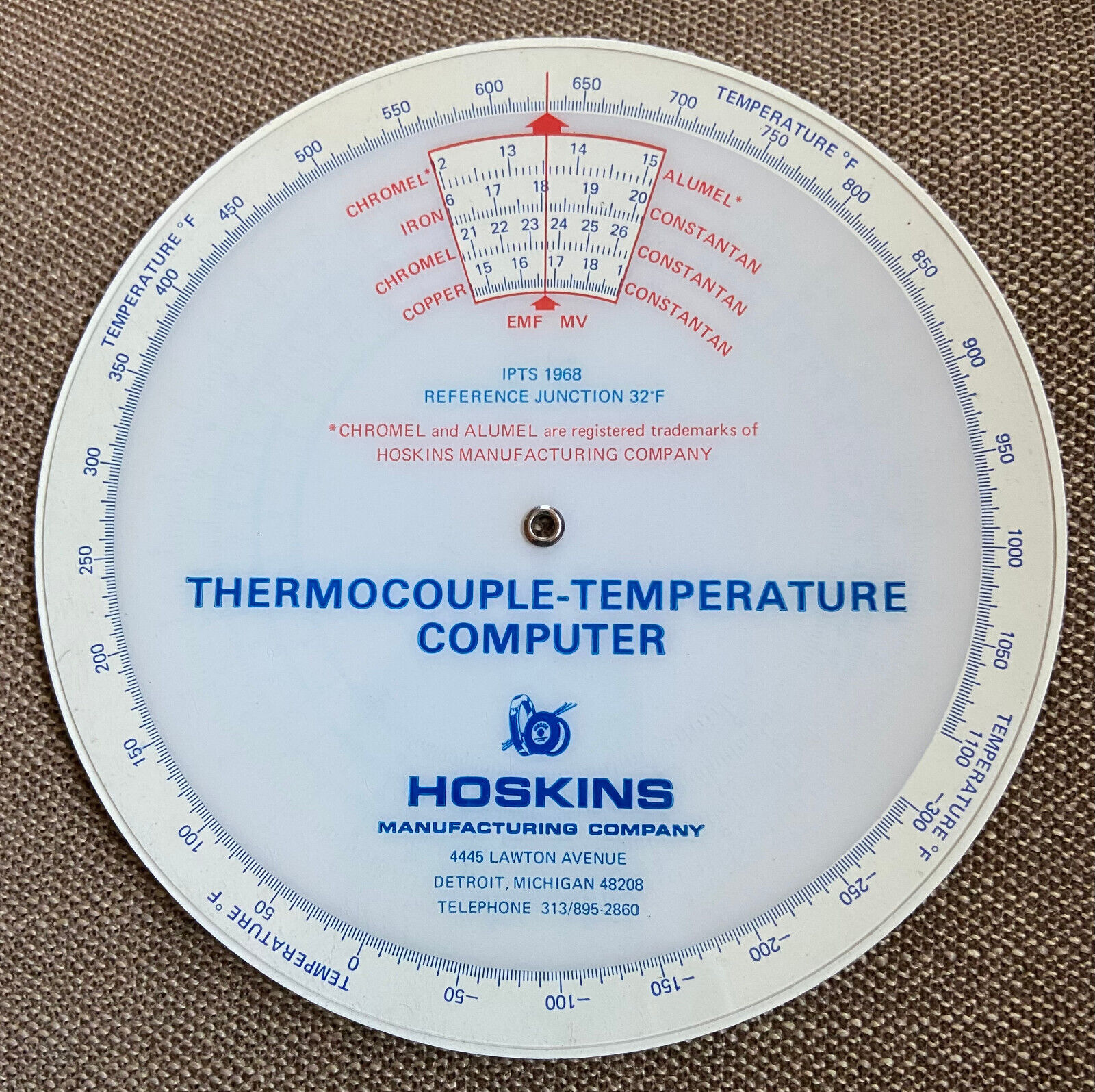 Hoskins Thermocouple-Temperature Computer - Circular Slide Rule - Chromel Alumel
