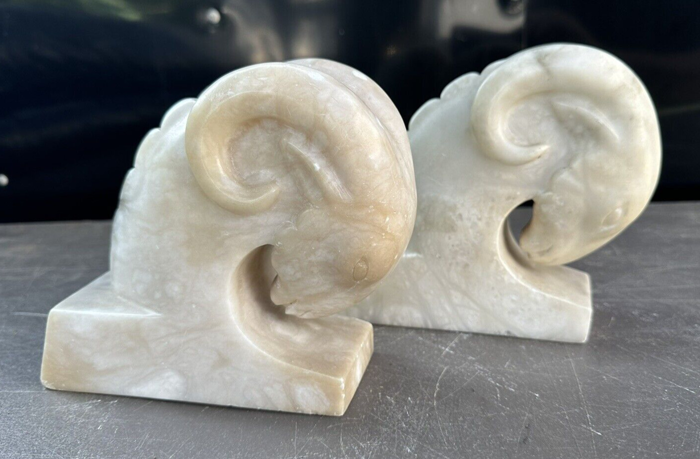 Pair of Vintage Antique Italian Marble or Alabaster Figural Ram Bookends