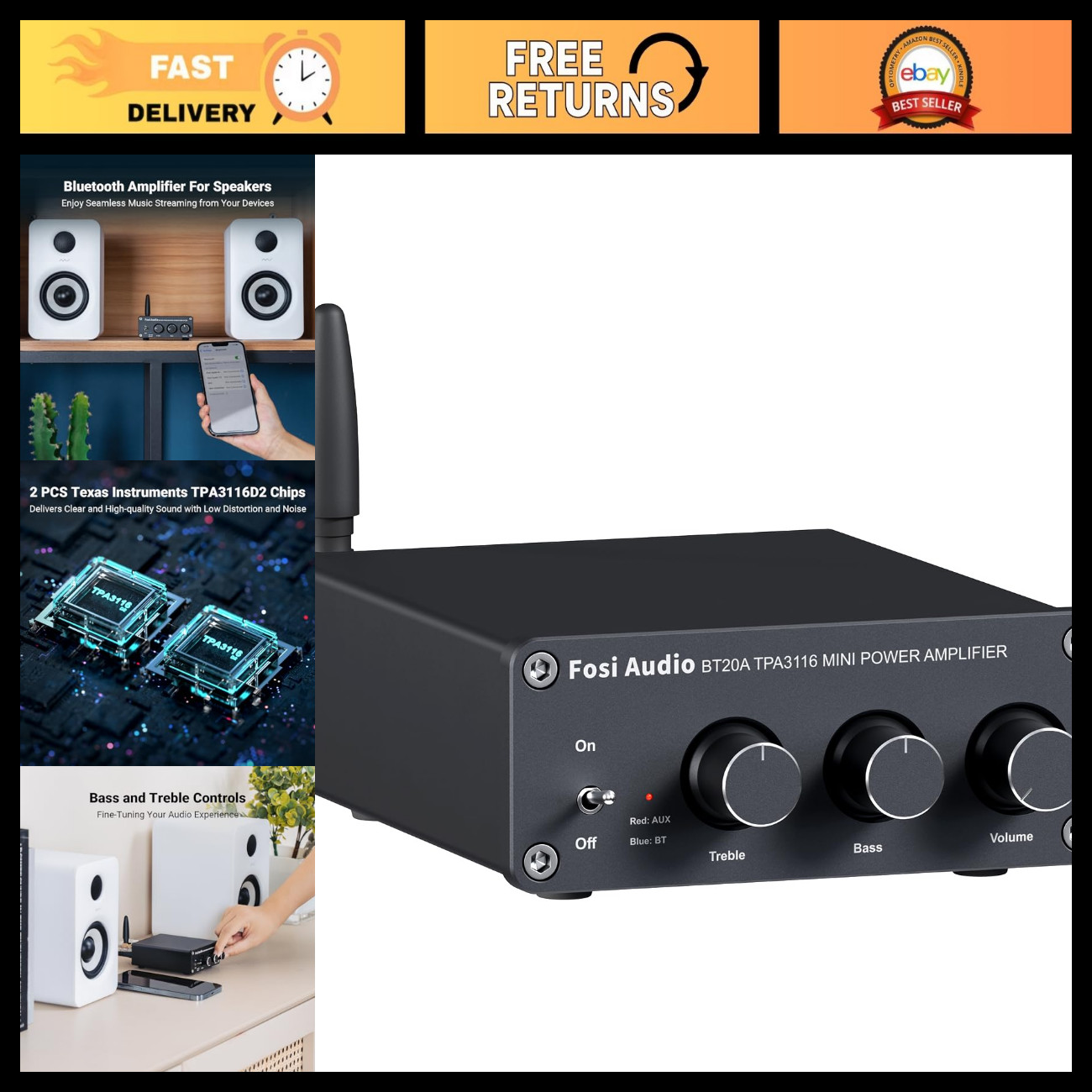 Fosi Audio BT20A Bluetooth Stereo Amplifier, 2 Channel Home Audio Component Ampl Fosi Audio BT20A Bluetooth Stereo Amplifier, 2 Channel Home Audio Component Ampl