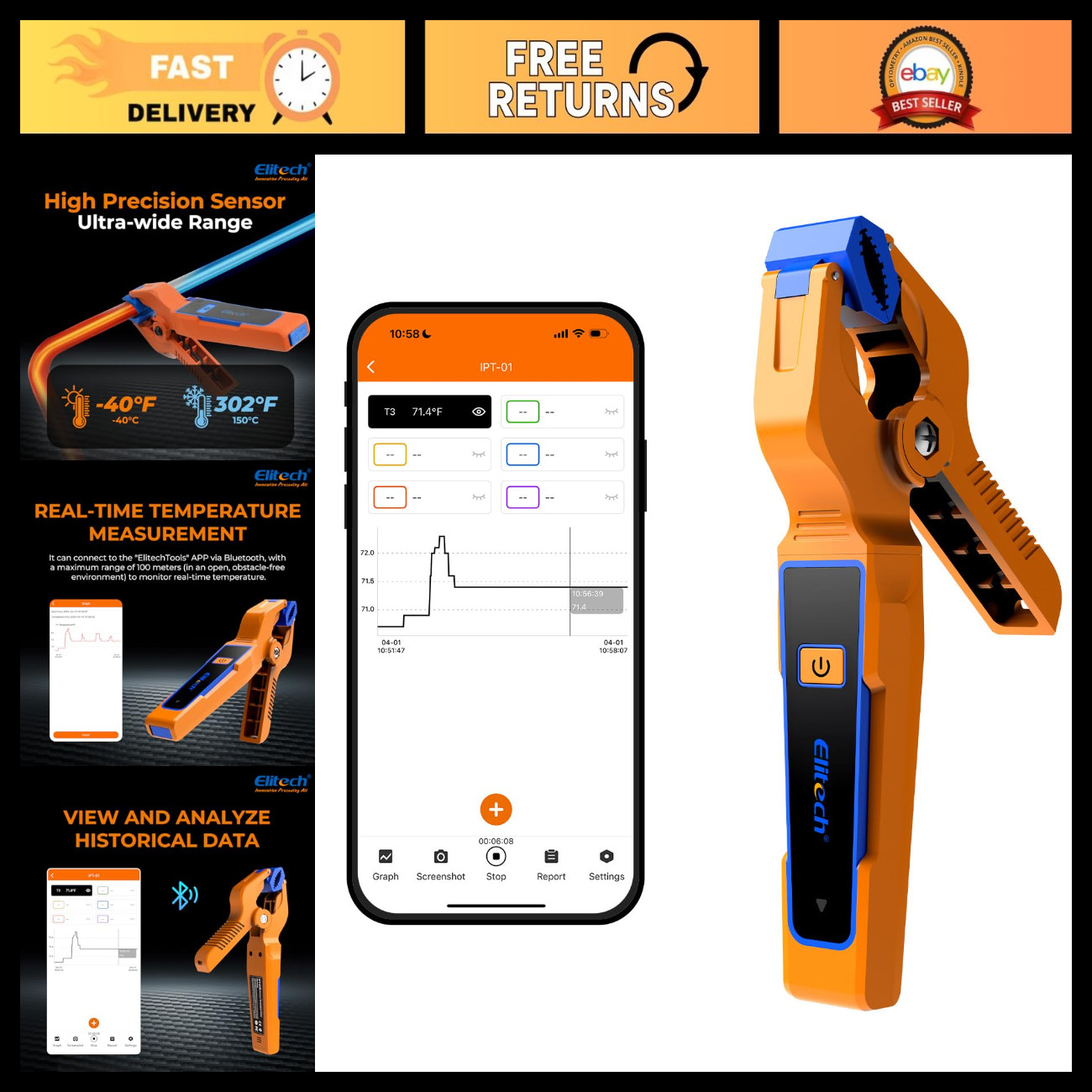 Elitech IPT-01 Wireless Temperature Clamp – T-Type Thermometer, Data Logging & R Elitech IPT-01 Wireless Temperature Clamp – T-Type Thermometer, Data Logging & R
