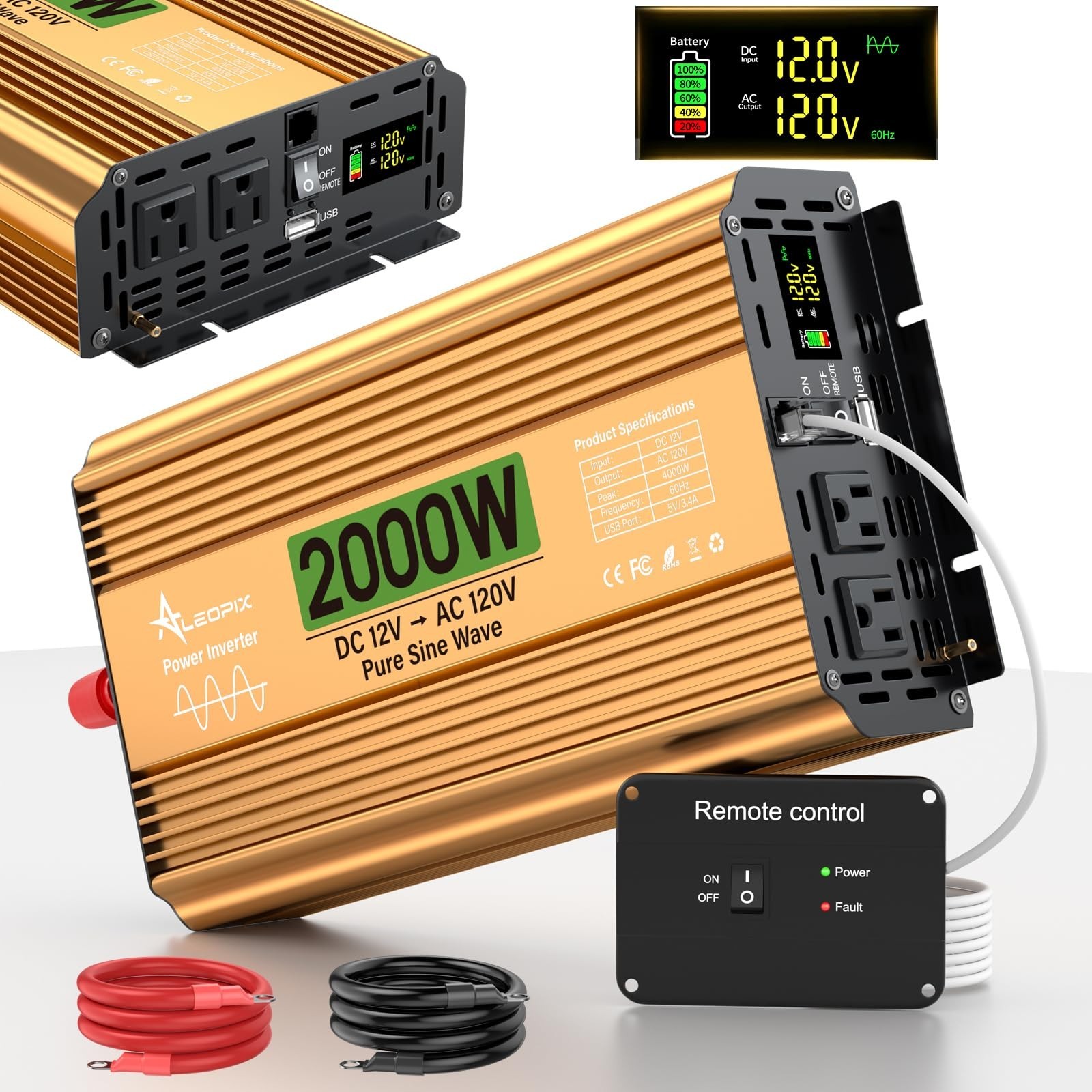 2000 Watt Inverter 12V DC to 110V/120V AC, Pure Sine Wave Inverter for Truck/...