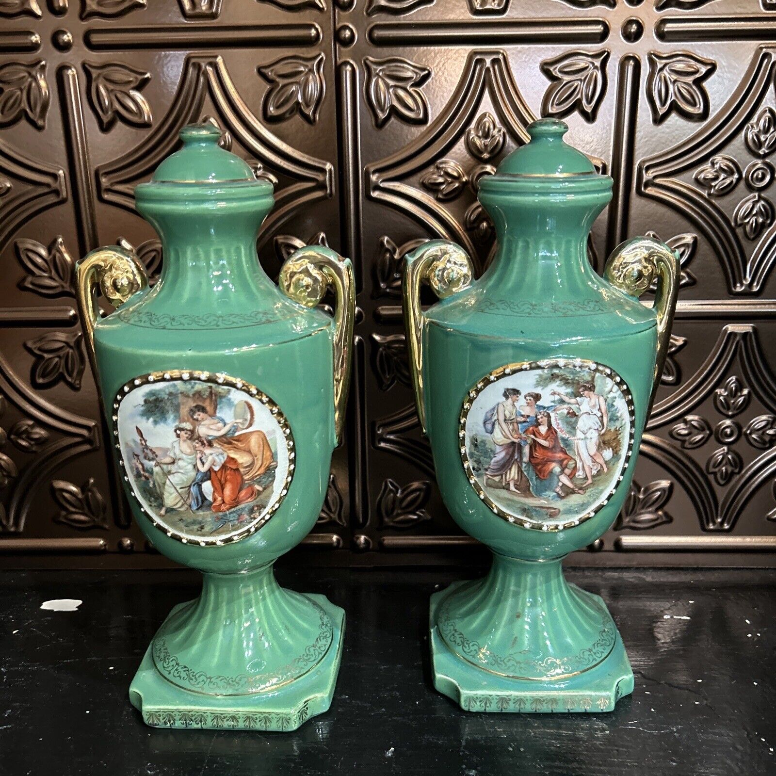 French Servers Style Mint Green Porcelain Urns England