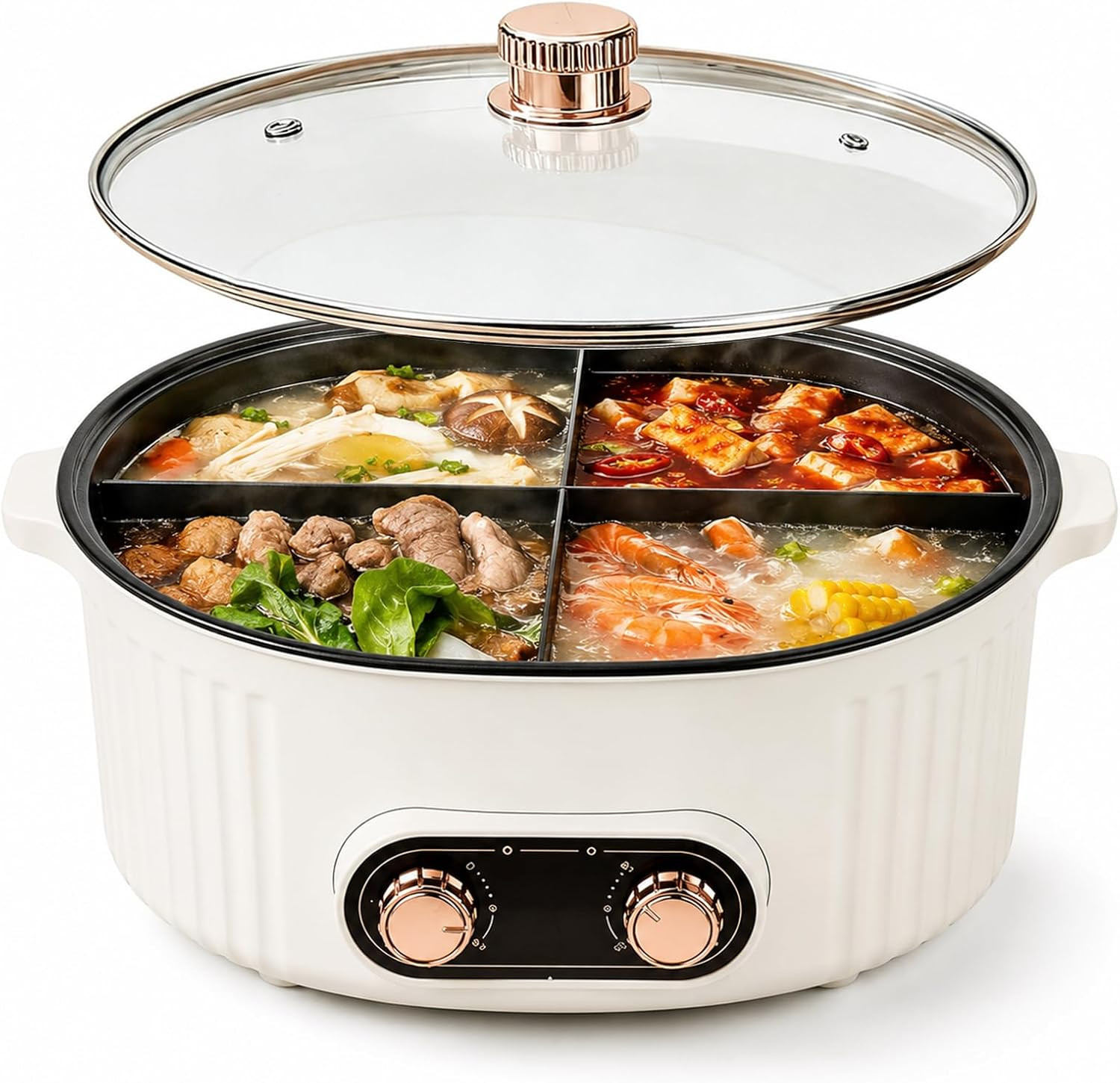 4-Compartment Hot Pot, 6L Large Stew Pots with Divider, Dual Knob Independent Te