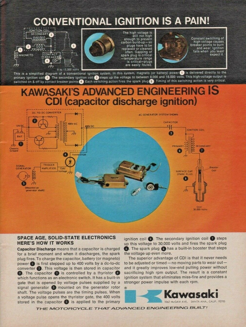 1971 Kawaski CDI Capacitor Discharge Ignition - Vintage Motorcycle Ad