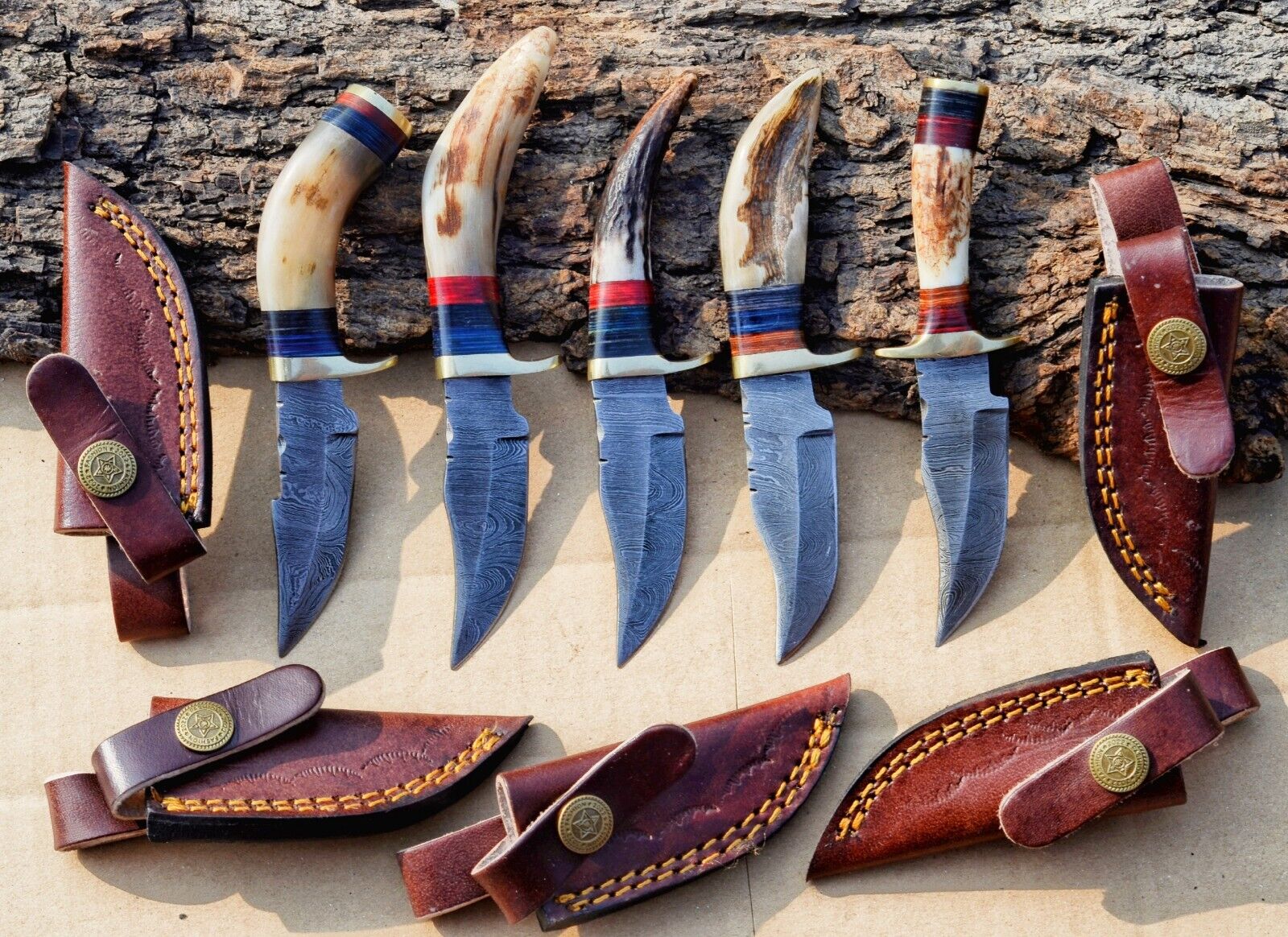 Custom Handmade Damascus Stag Antler & Ram Horn Hunting Skinner Knife Lot Of 5