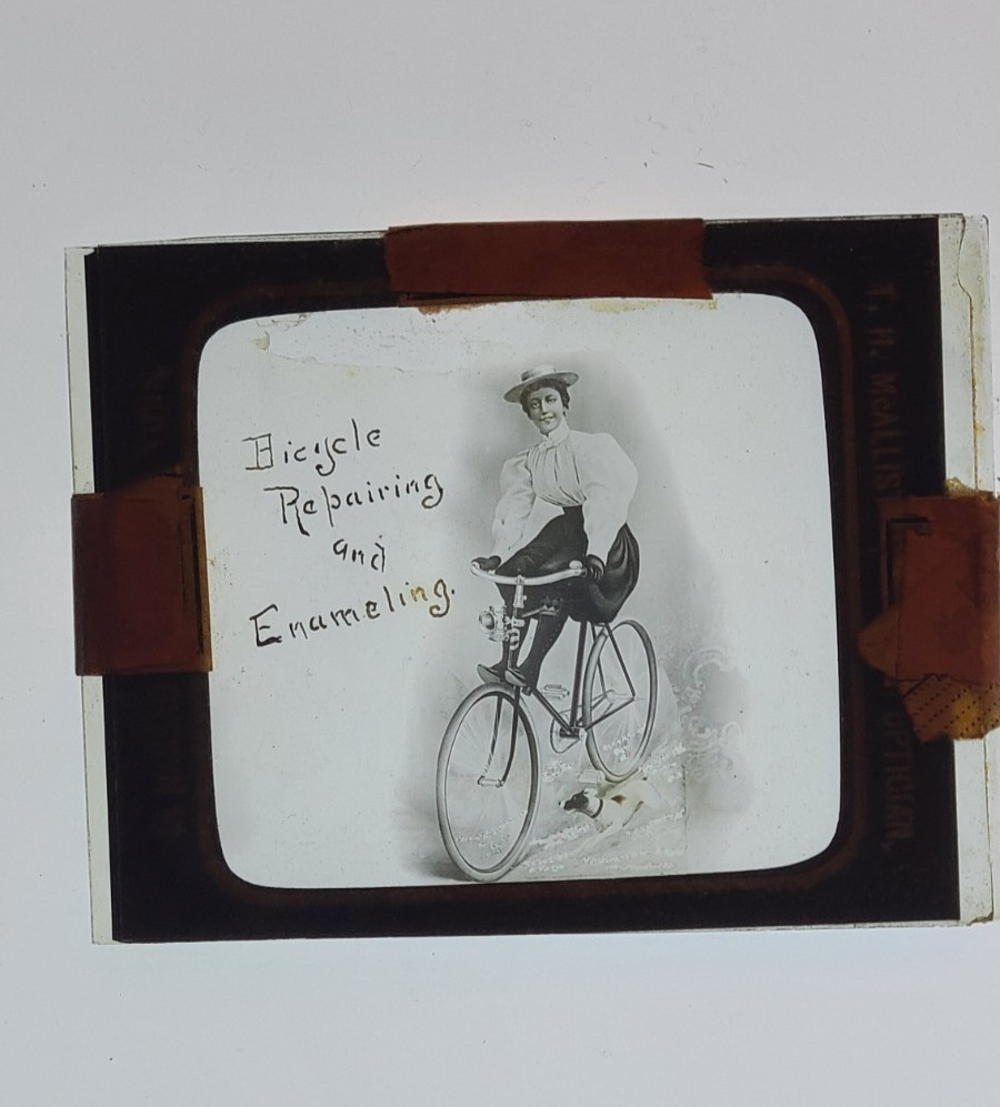 1895 Antique Bicycle Advertising Lantern Slide T.H. McAllister 49 Nassau St NYC