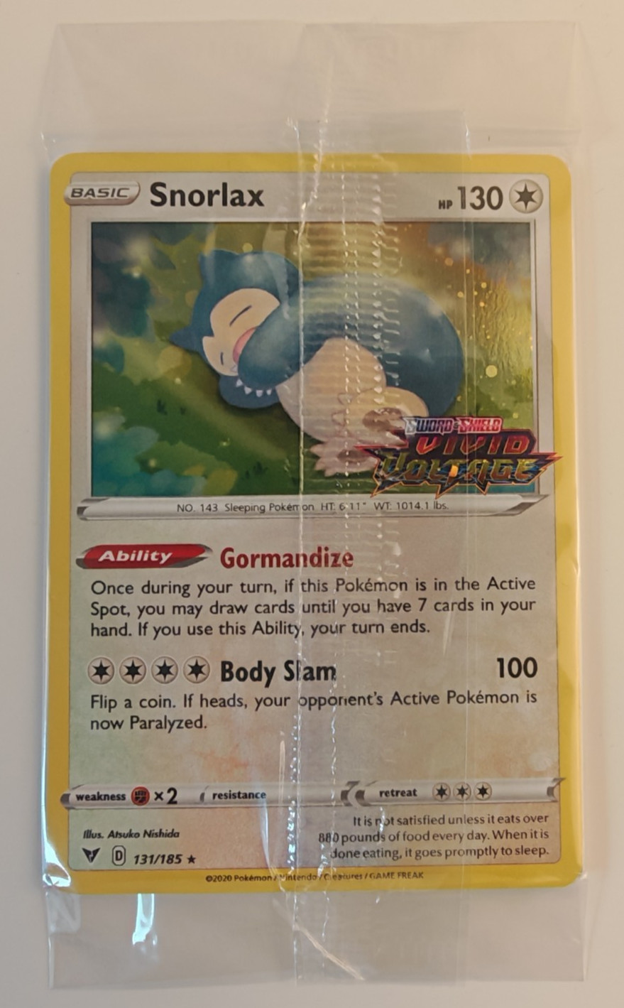 Pokemon Card - Vivid Voltage Snorlax 131/185 Prerelease Stamped Promo Sealed Pokemon Card - Vivid Voltage Snorlax 131/185 Prerelease Stamped Promo Sealed