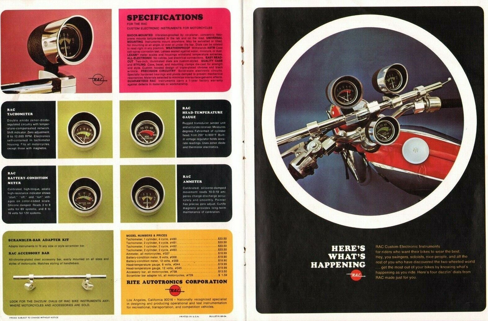 1966 RAC Tachometer Ammeter Gauge - 4-Page Vintage Color Motorcycle Parts Ad