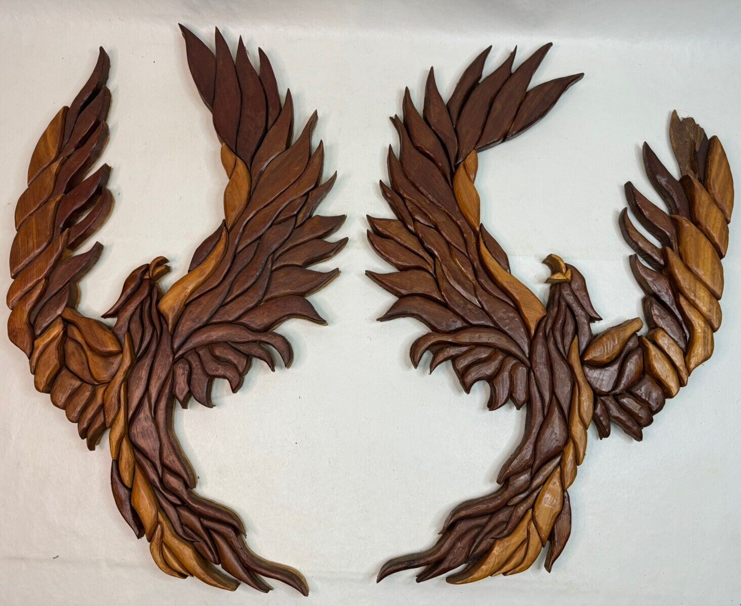 Handmade Intarsia Phoenix Wood Carving Wall Plaques Wooden Inlay 22” Set Of 2