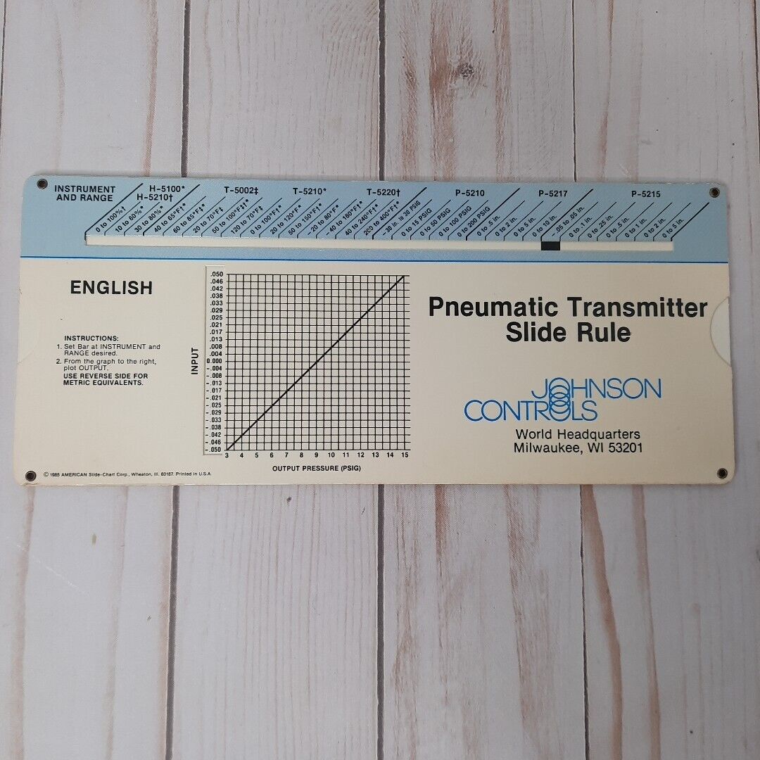 Johnson Controls Inc Milwaukee WI Pneumatic Transmitter Slide Rule Vtg 1985