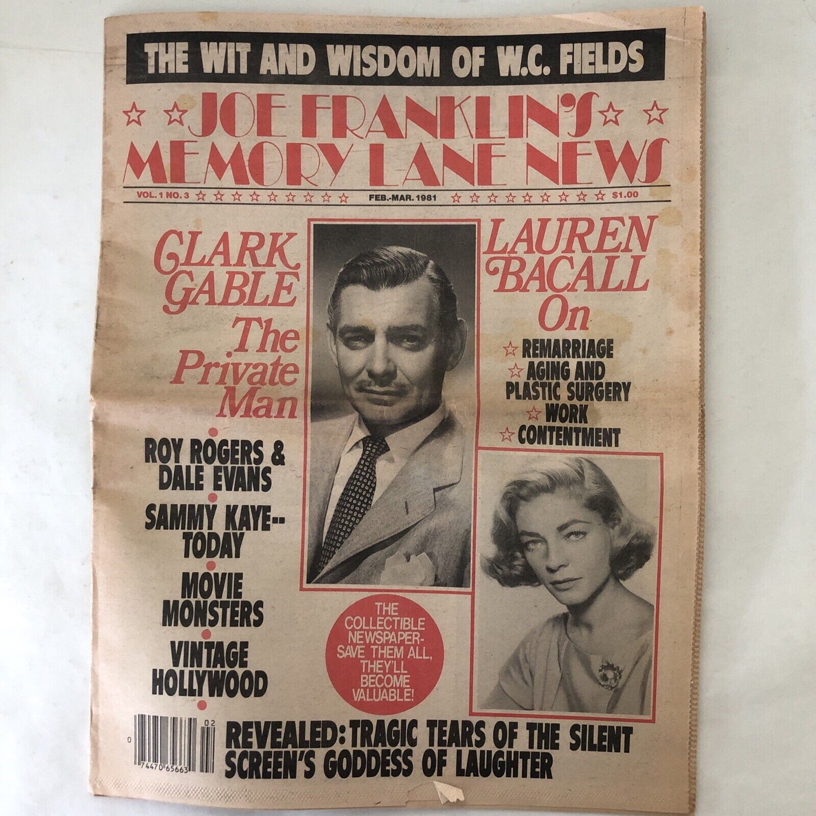 Vintage Joe Franklin\'s Memory Lane News Newspaper Vol. 1  #3 1981-Gable Bacall