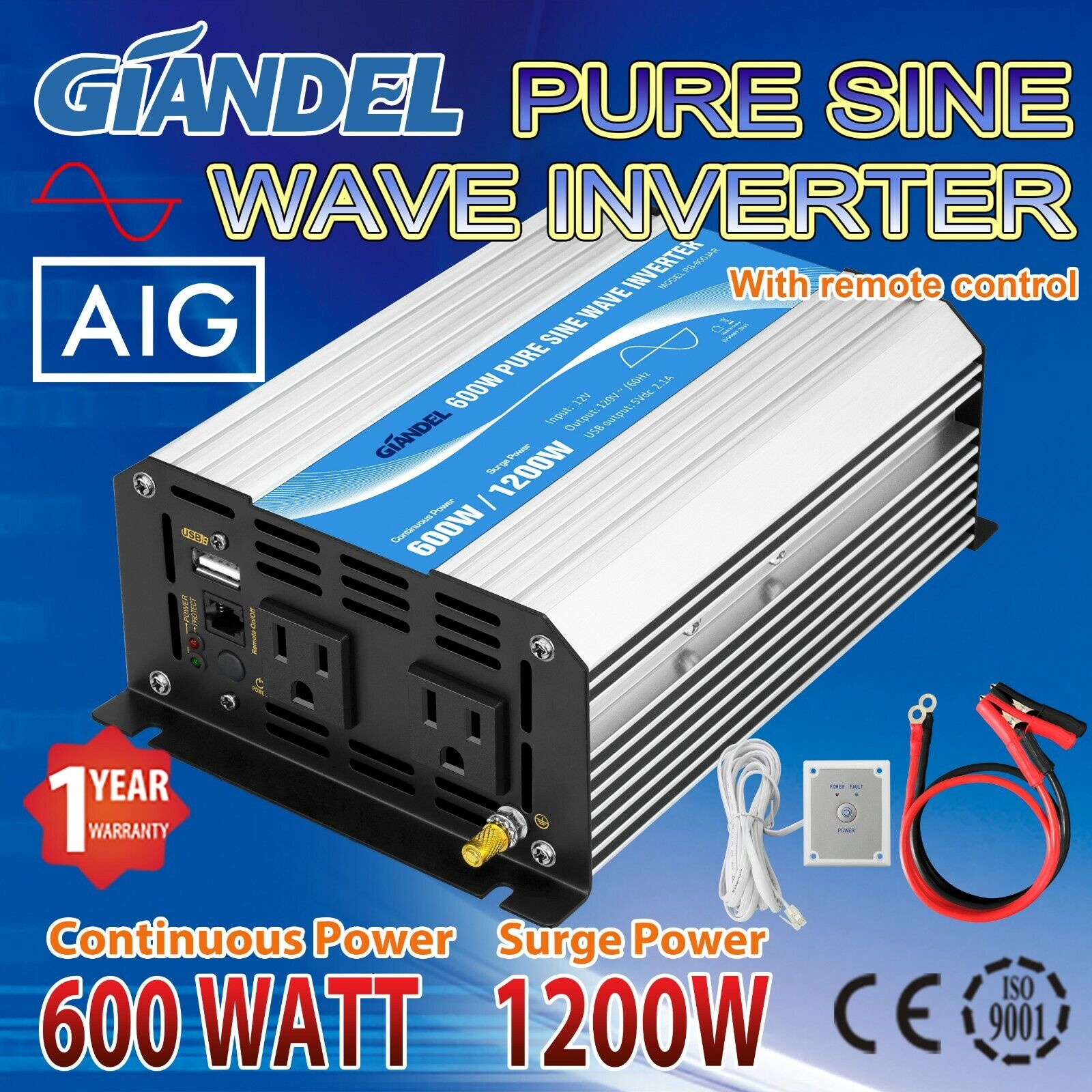 Pure Sine Wave Power Inverter 600W 12 V to 110 V-120 V ISO9001Certificate