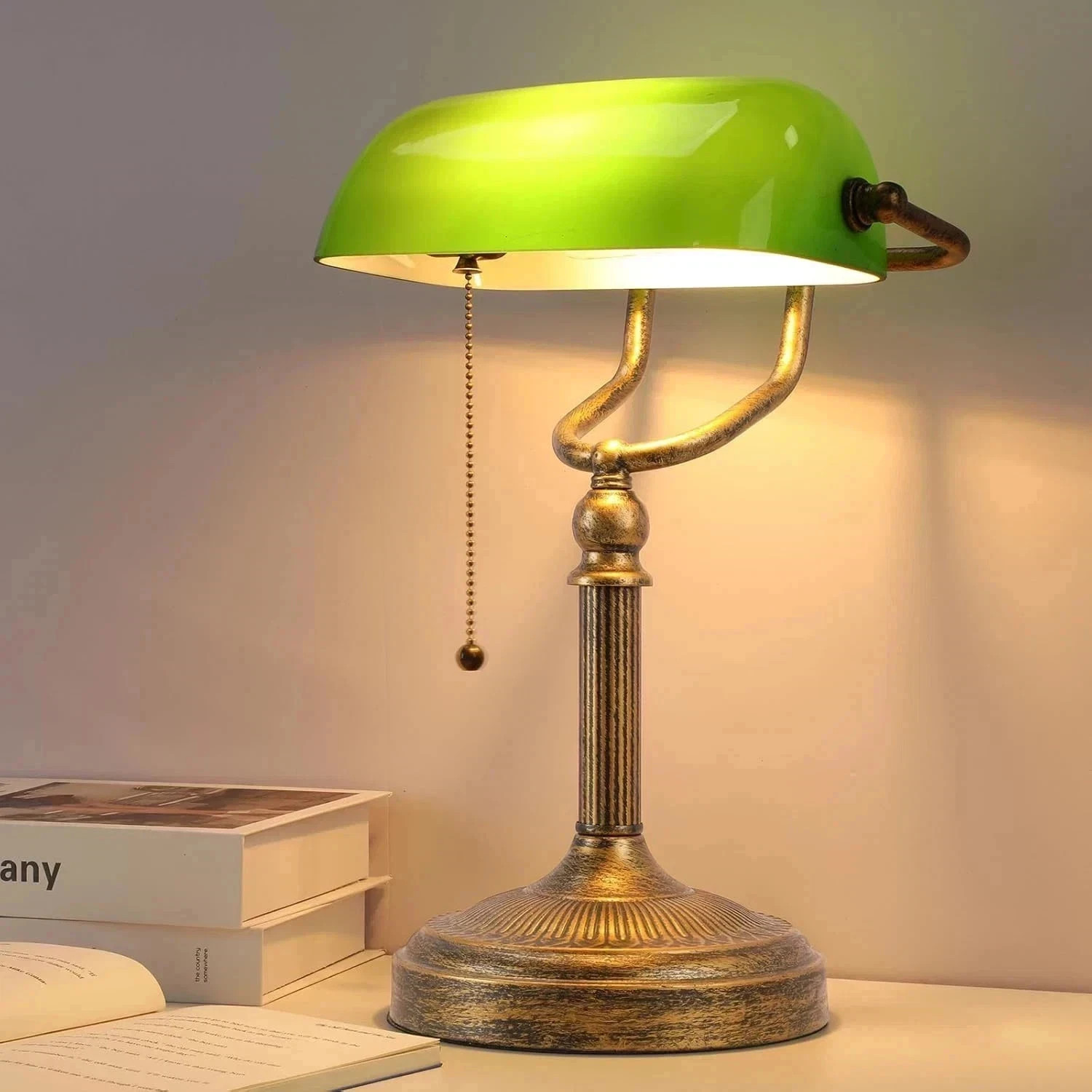 Bankers Desk Lamp, Green Glass Shade, Vintage Desk Lamp with Pull Chain Switch, Bankers Desk Lamp, Green Glass Shade, Vintage Desk Lamp with Pull Chain Switch,