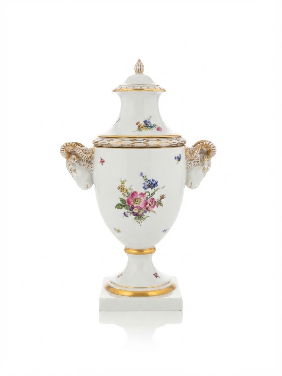 Large German Fürstenberg Porcelain Lidded Urn - Ram Head Handles & Floral Motif Large German Fürstenberg Porcelain Lidded Urn - Ram Head Handles & Floral Motif