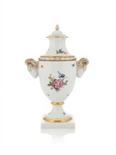 Large German Fürstenberg Porcelain Lidded Urn - Ram Head Handles & Floral Motif picture