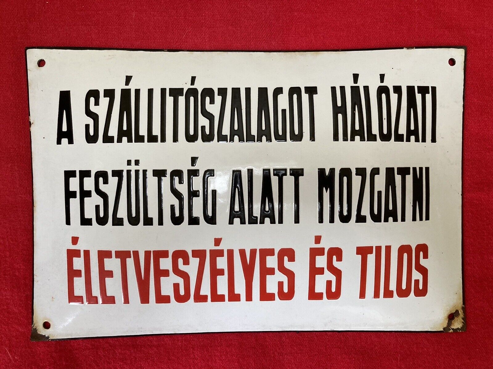 Hungarian Enamel Metal Sign Warning Voltage Dangerous Forbidden Vintage