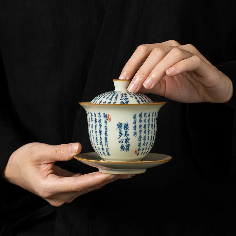 160ml Ru Kiln Porcelain Handpainted Heart Sutra Gaiwan Tea Tureen Kungfu Teaware 160ml Ru Kiln Porcelain Handpainted Heart Sutra Gaiwan Tea Tureen Kungfu Teaware
