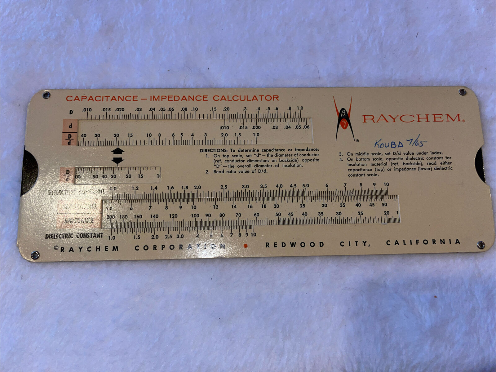 Raychem Capacitance - Impedance Calculator 1963 Coxial Cable Conductor Calif