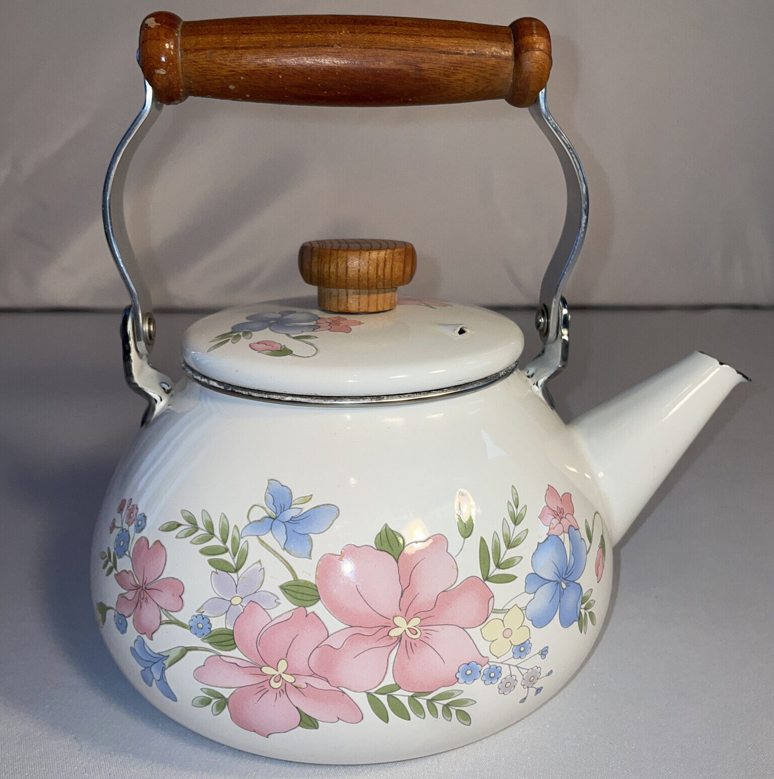 Vintage Enamel White Tea Pot Kettle Wood Handle Spring Floral Flowers Blue Pink