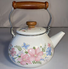 Vintage Enamel White Tea Pot Kettle Wood Handle Spring Floral Flowers Blue Pink picture