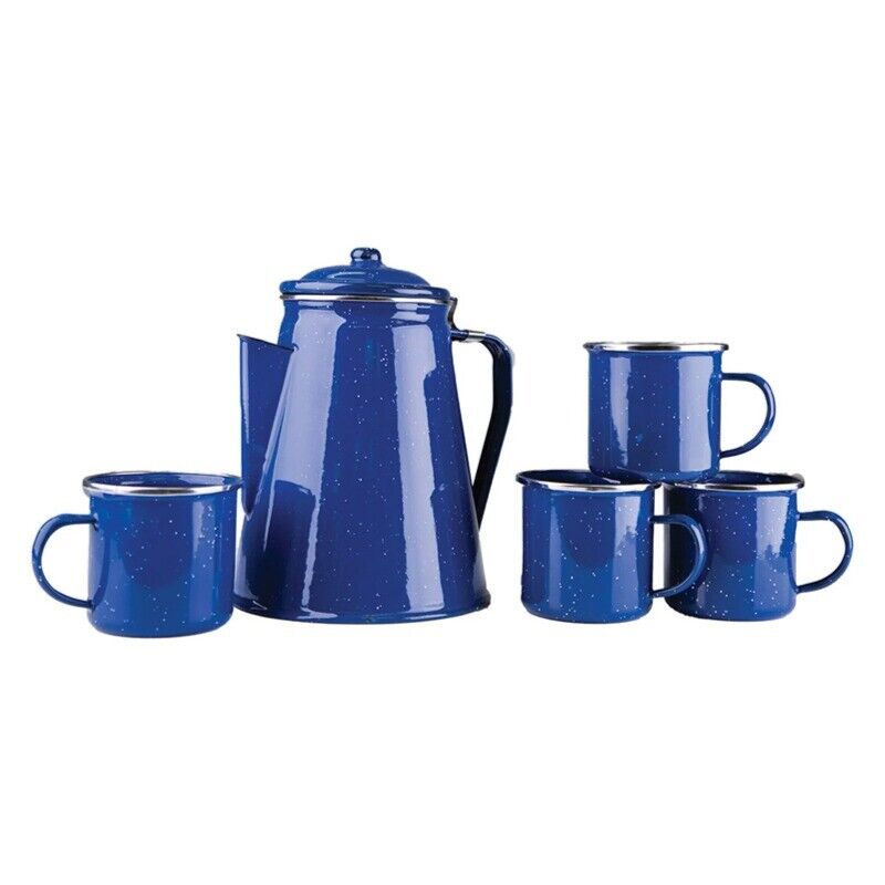 8 Cup Coffee Pot with Percolator, 4 Mugs Set, Kiln-hardened Blue Enamel Finish