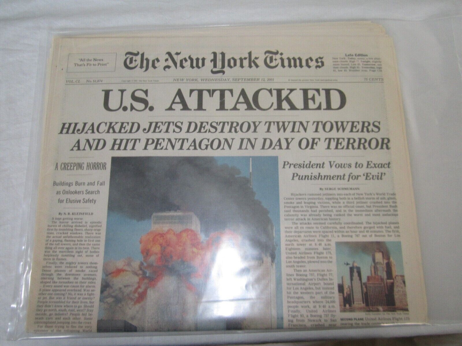 Vacuum Sealed Late Edition 2001 New York Times 9 11 01 Newspaper NY 12 September Vacuum Sealed Late Edition 2001 New York Times 9 11 01 Newspaper NY 12 September
