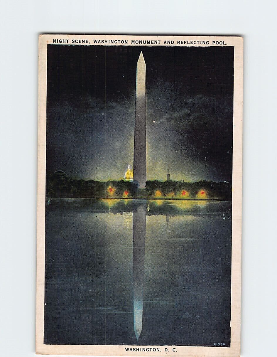 Postcard Night Scene Washington Monument & Reflecting Pool Washington DC USA