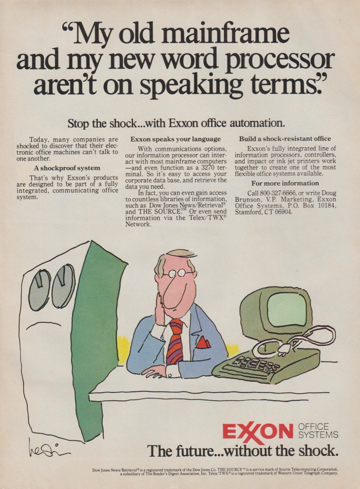 1983 Exxon Office Systems - Mainframe Computer Desk Guy - Cartoon Art - Print Ad 1983 Exxon Office Systems - Mainframe Computer Desk Guy - Cartoon Art - Print Ad