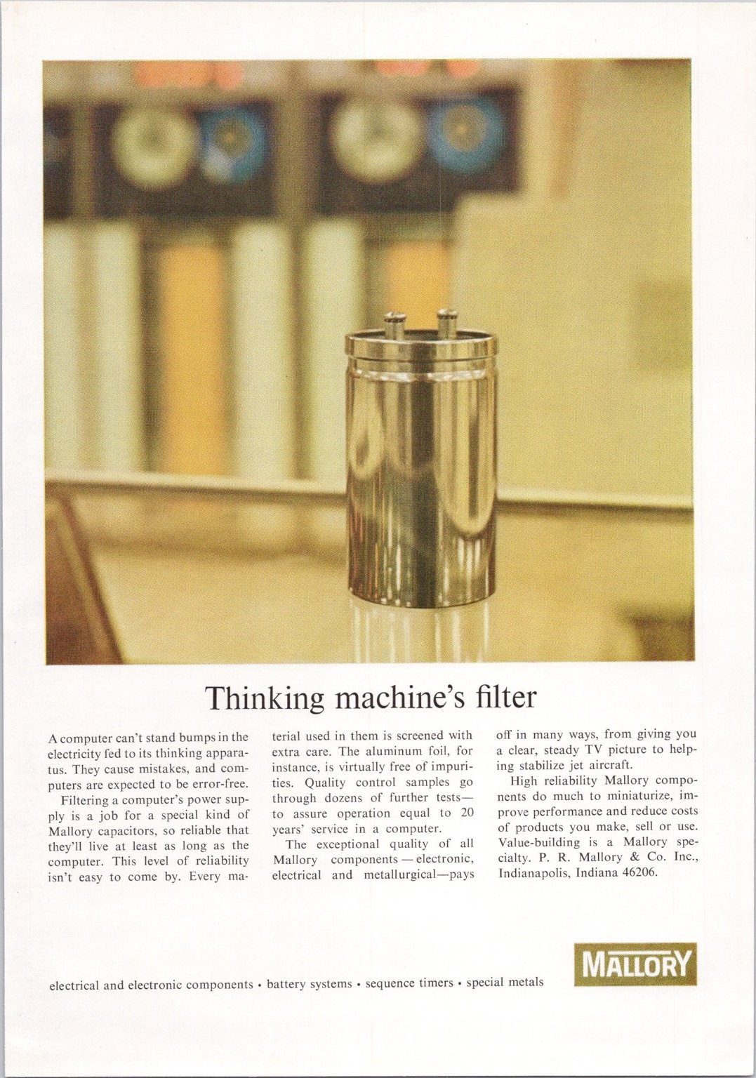 Mallory Original 1965 Vtg Print Ad Thinking Machine Filter Electronic Capacitor Mallory Original 1965 Vtg Print Ad Thinking Machine Filter Electronic Capacitor