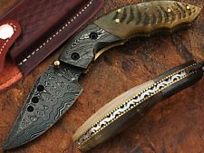 Custom Hand Forged Damascus Folding Pocket Knife Ram Horn Handle Leather Sheath picture
