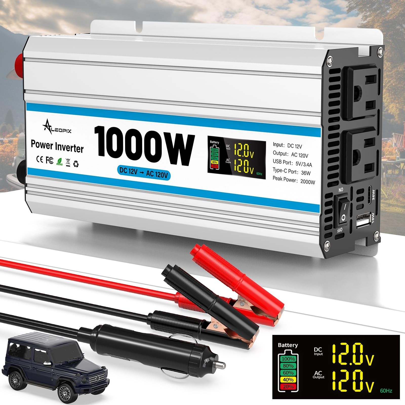 1000W Car Inverter 12V to 110V DC to AC Power Inverters for Vehicles with 2 A...