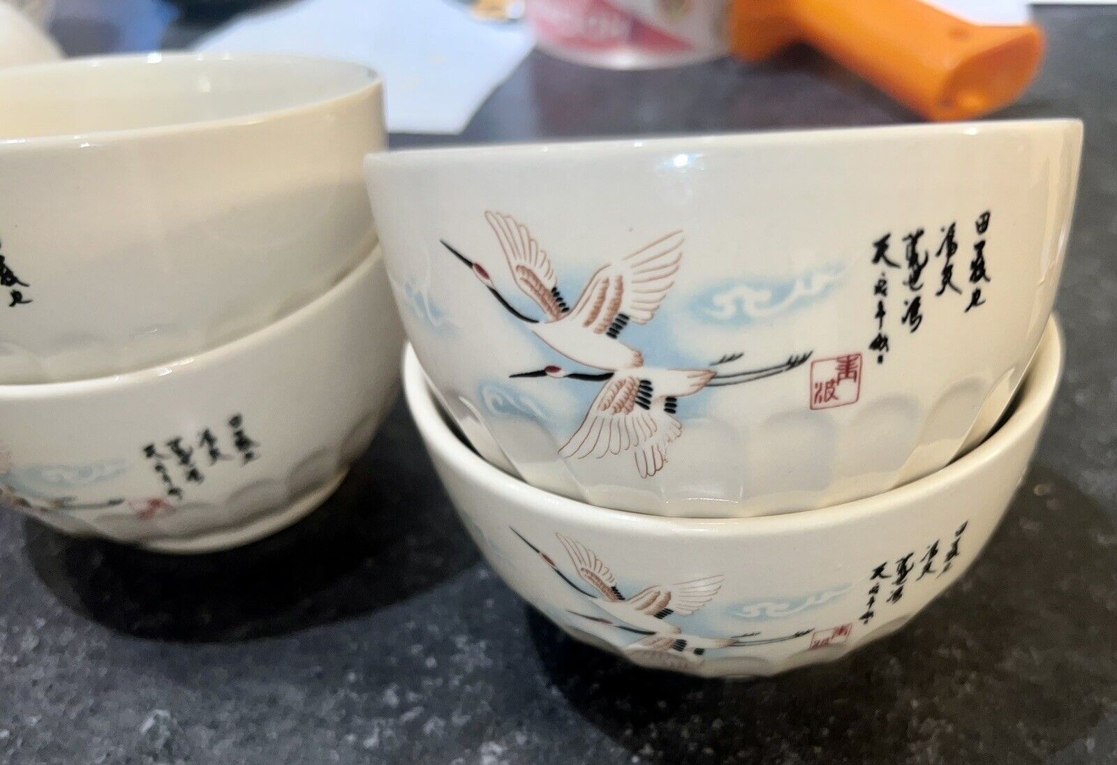 Vtg Mid Century Modern Set Of 4 Sam Sung 198431  Birds In Flight  Japanese Bowls