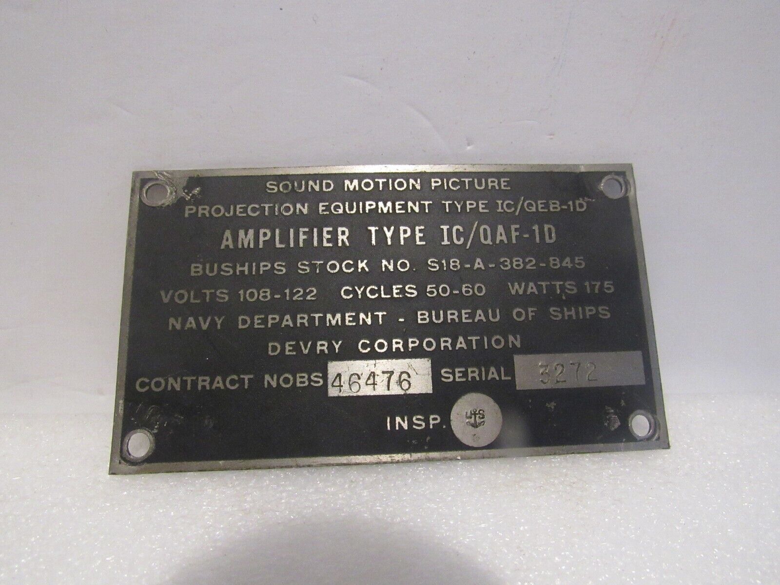 Navy Amplifier Sound Motion Picture Equipment Emblem Specifications Original USA