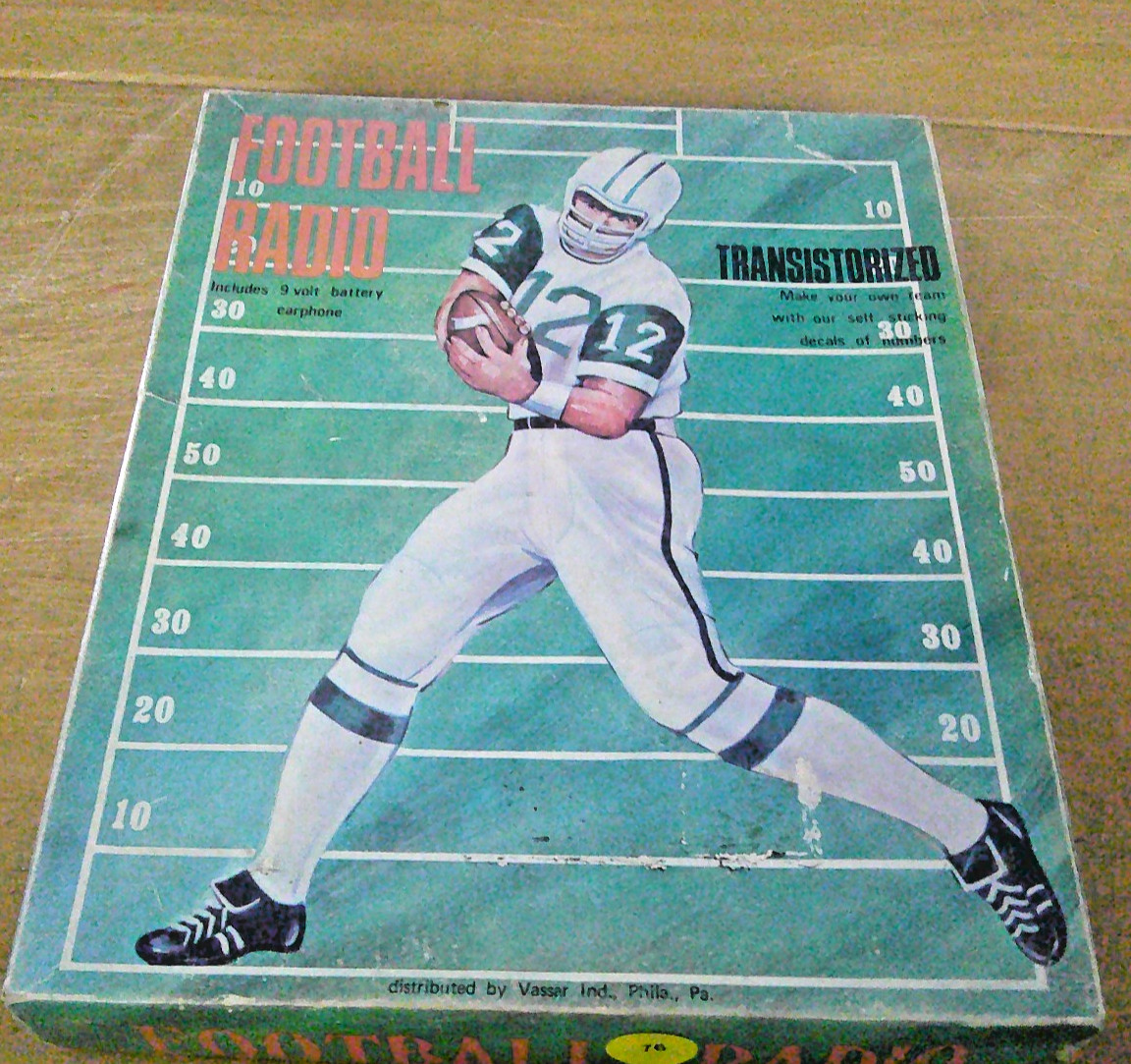 Working Boxed #12 Football Player AM Transistor Radio Stickers Joe Namath? Great