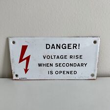 Vintage Small Subway Danger Voltage Sign Porcelain Metal White Secondary is Open picture