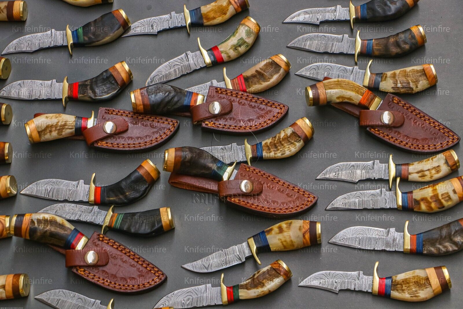 Lot of 20 6 Inch Handmade Damascus Steel Skinner Knives Ram Horn Free - Sheaths