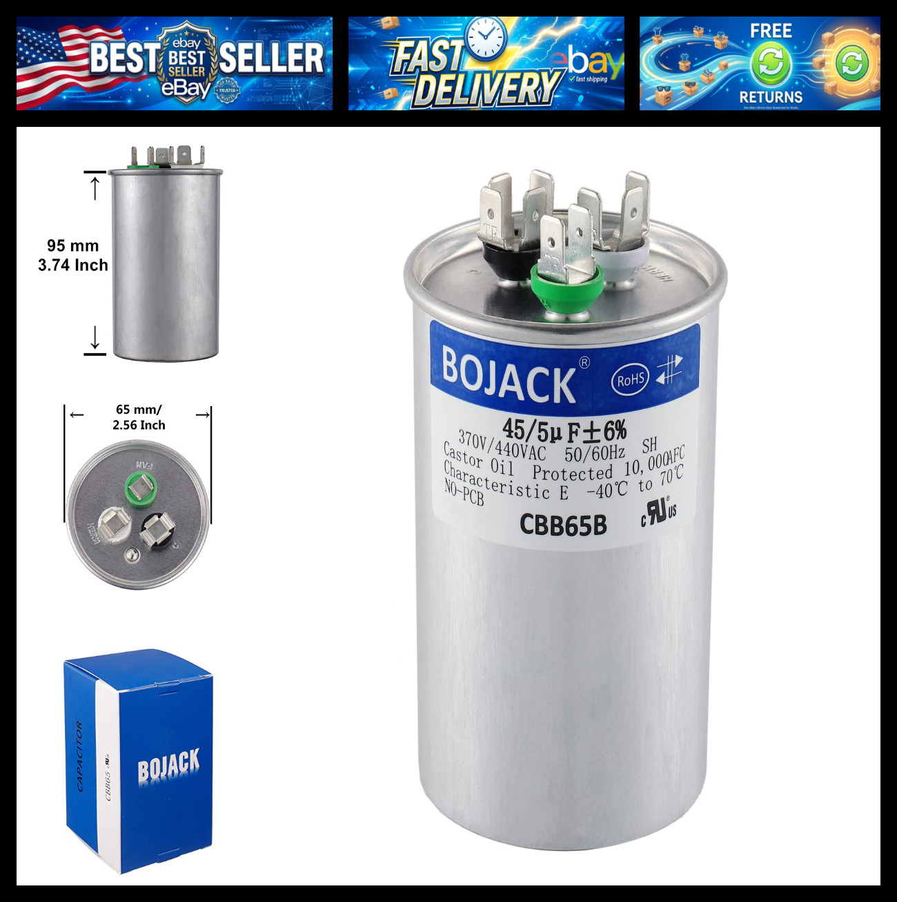 BOJACK 45+5 uF 45/5 MFD ±6% 370V/440VAC CBB65 Dual Run Circular Start Capacitor BOJACK 45+5 uF 45/5 MFD ±6% 370V/440VAC CBB65 Dual Run Circular Start Capacitor