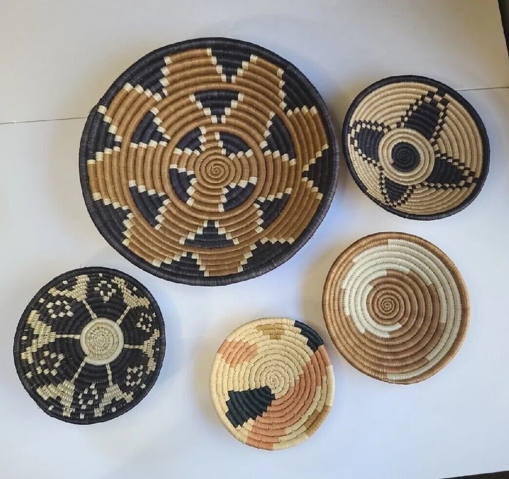 Handmade Coil Basket Boho Wall Art African Spiral Weave Baskets Set Of 5